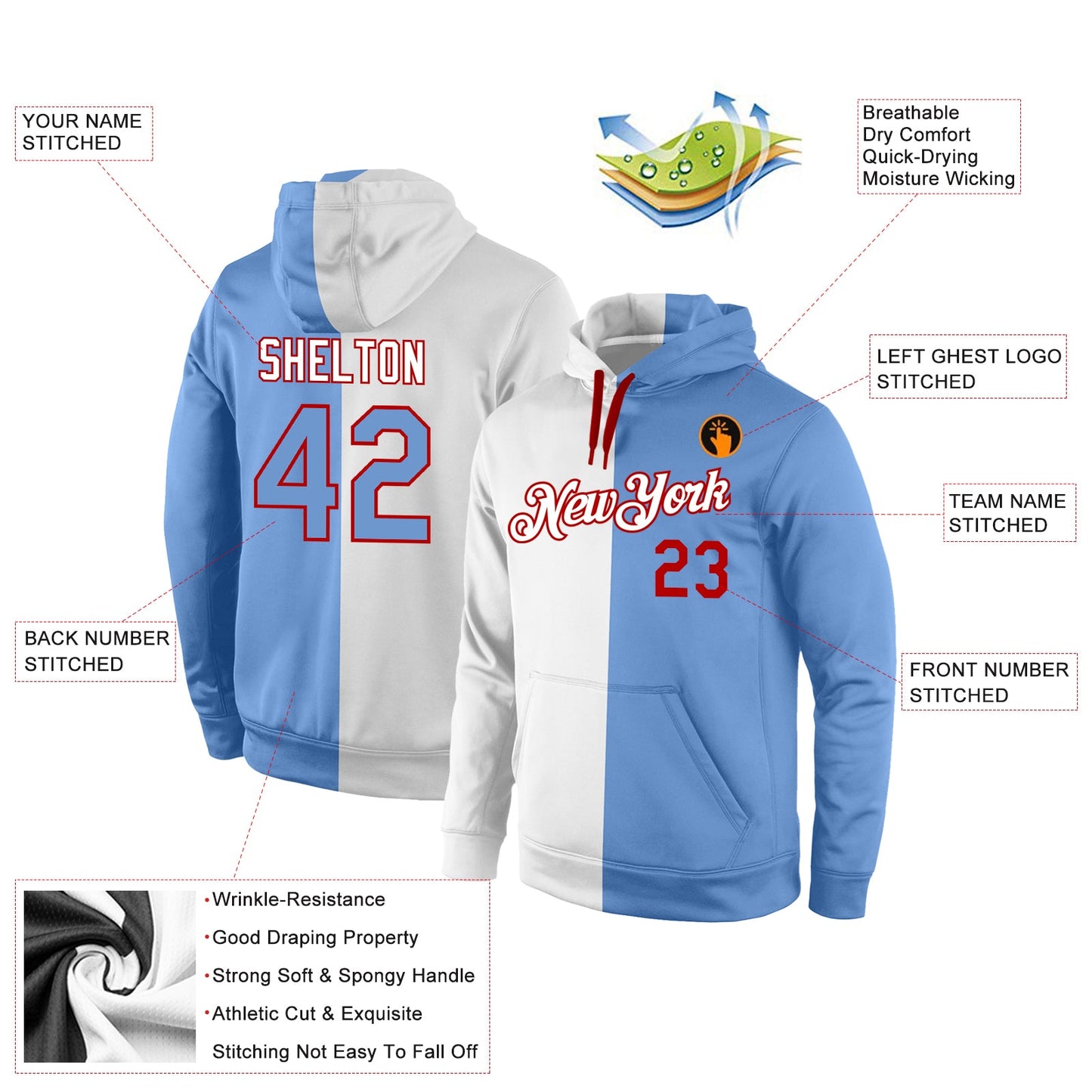 Custom Stitched White Light Blue-Red Split Fashion Sports Pullover Sweatshirt Hoodie view 4