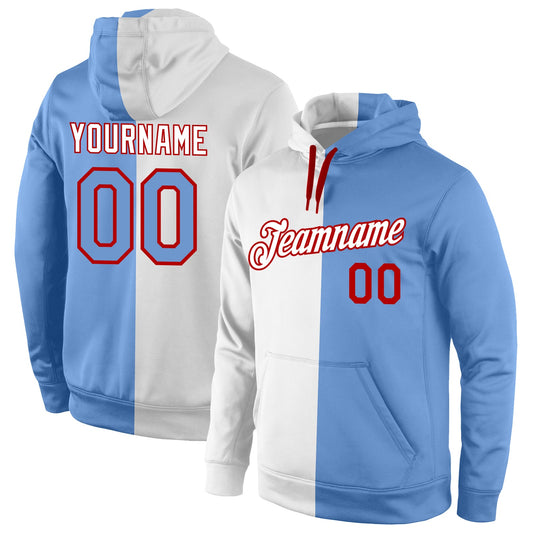 Custom Stitched White Light Blue-Red Split Fashion Sports Pullover Sweatshirt Hoodie - Main View