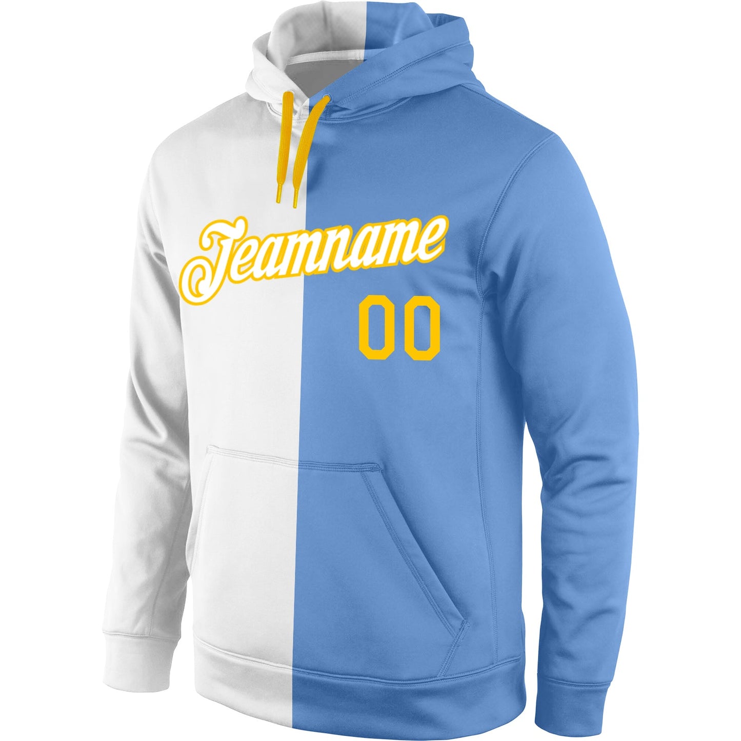 Custom Stitched White Light Blue-Gold Split Fashion Sports Pullover Sweatshirt Hoodie view 2