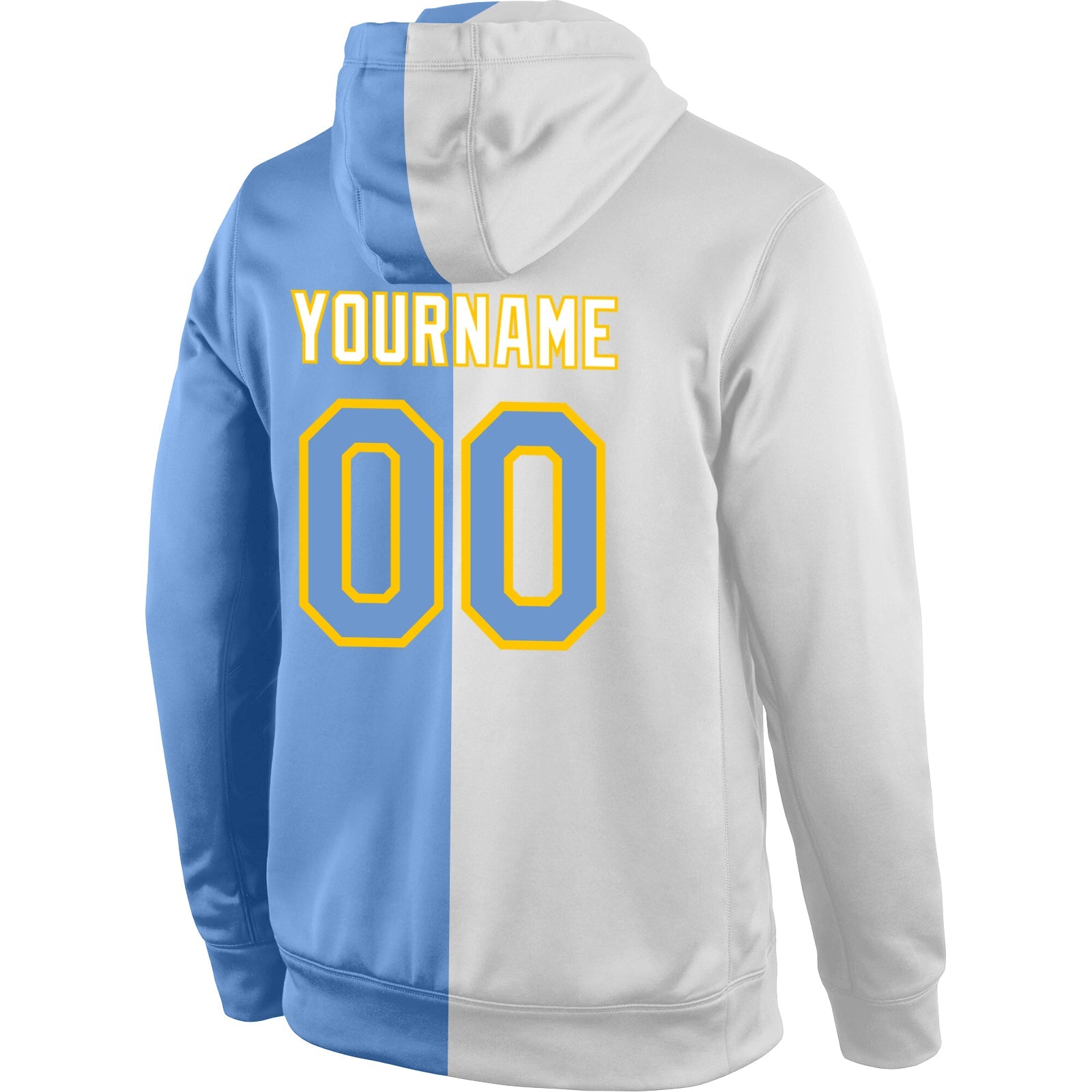 Custom Stitched White Light Blue-Gold Split Fashion Sports Pullover Sweatshirt Hoodie view 3