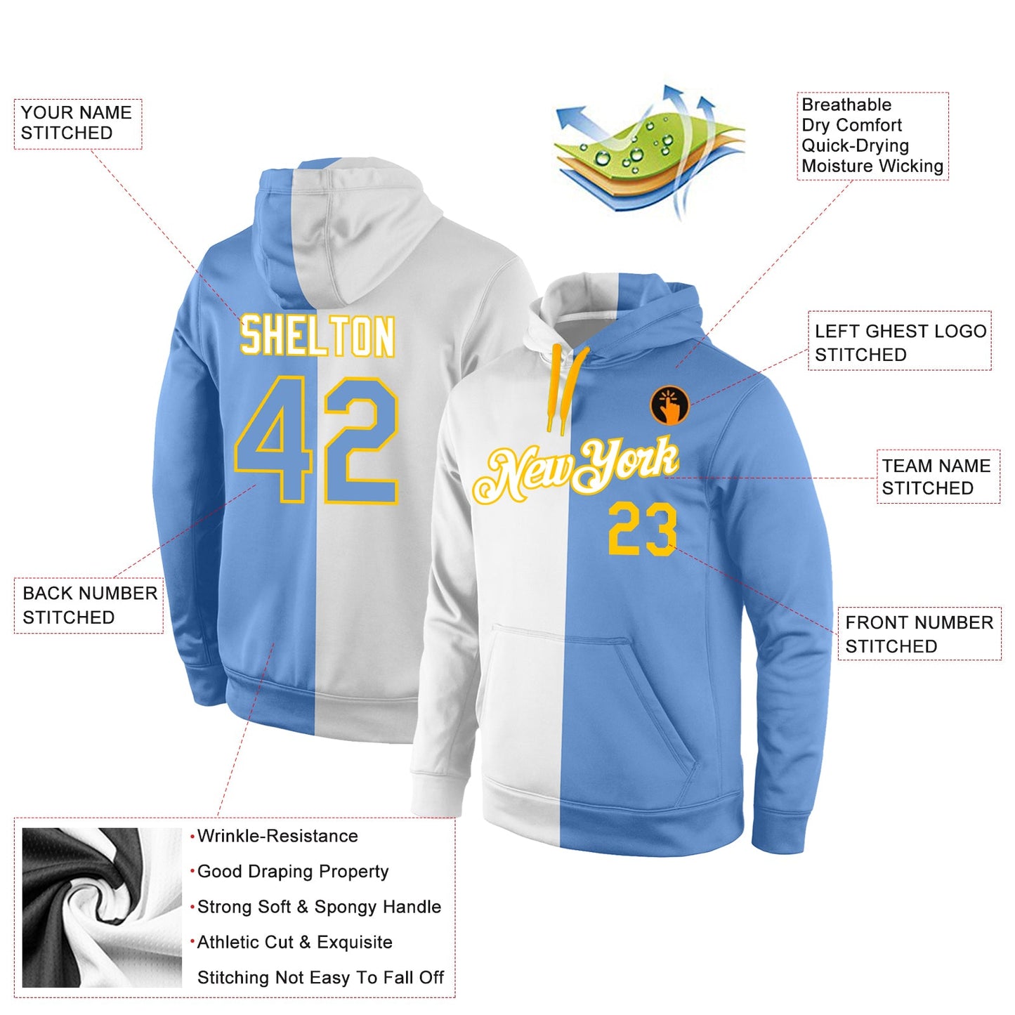 Custom Stitched White Light Blue-Gold Split Fashion Sports Pullover Sweatshirt Hoodie view 4