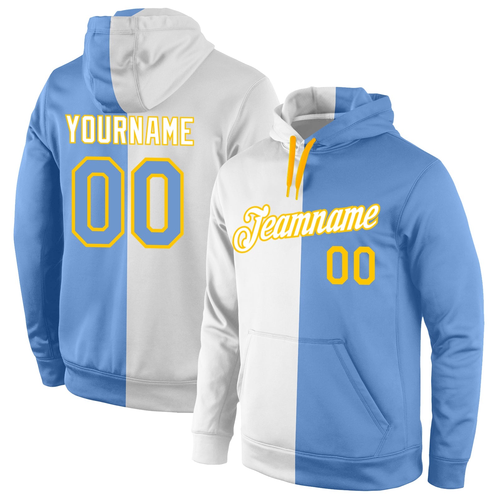 Custom Stitched White Light Blue-Gold Split Fashion Sports Pullover Sweatshirt Hoodie - Main View