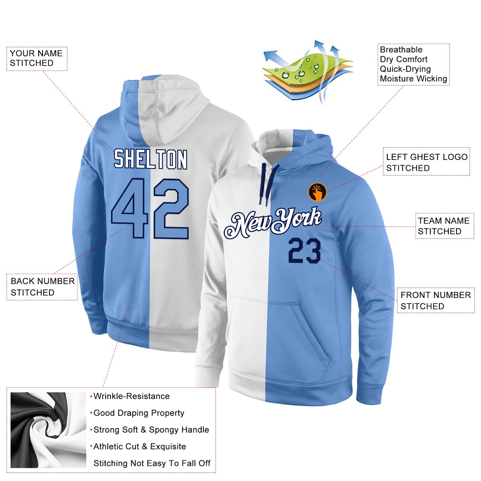 Custom Stitched White Light Blue-Navy Split Fashion Sports Pullover Sweatshirt Hoodie view 4