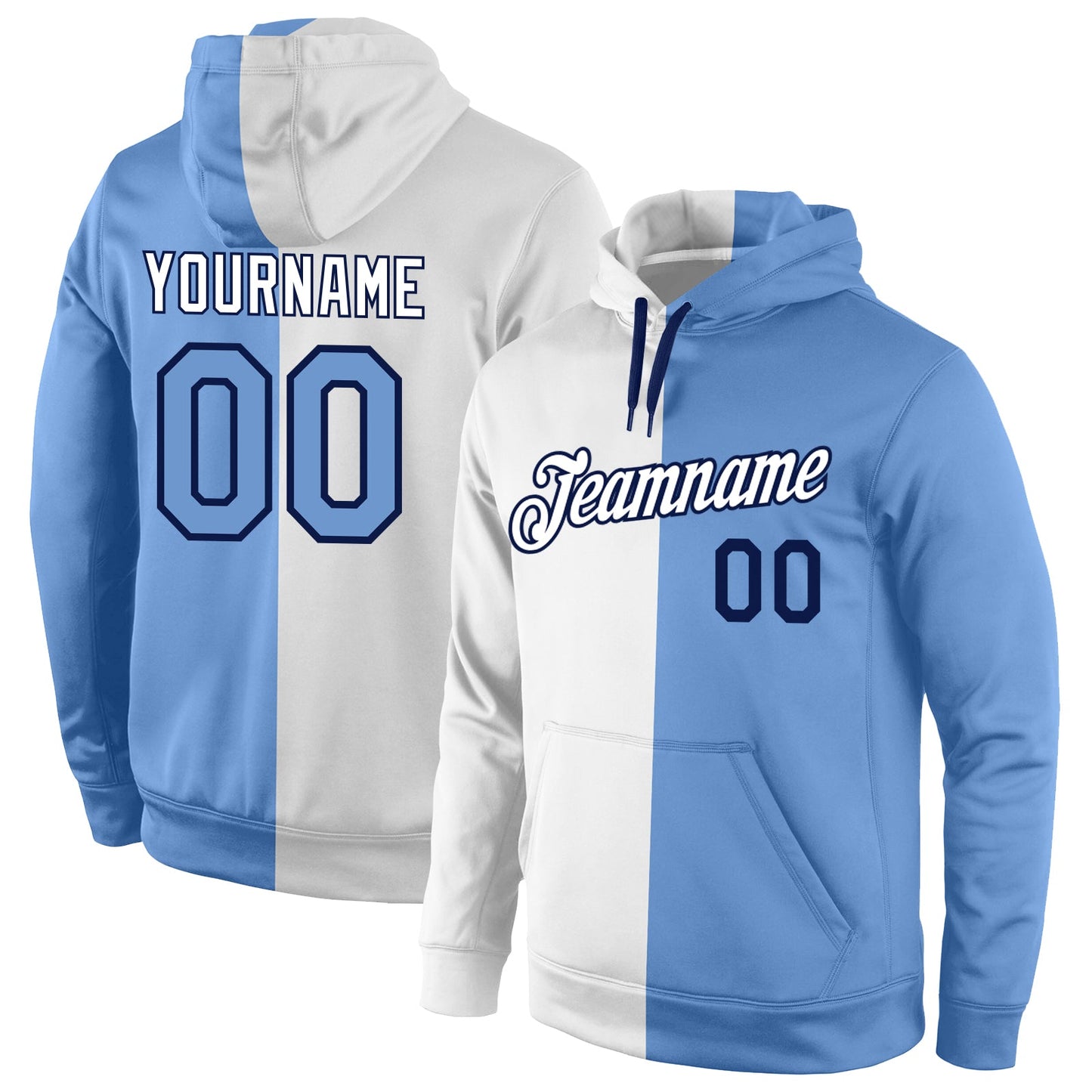 Custom Stitched White Light Blue-Navy Split Fashion Sports Pullover Sweatshirt Hoodie - Main View
