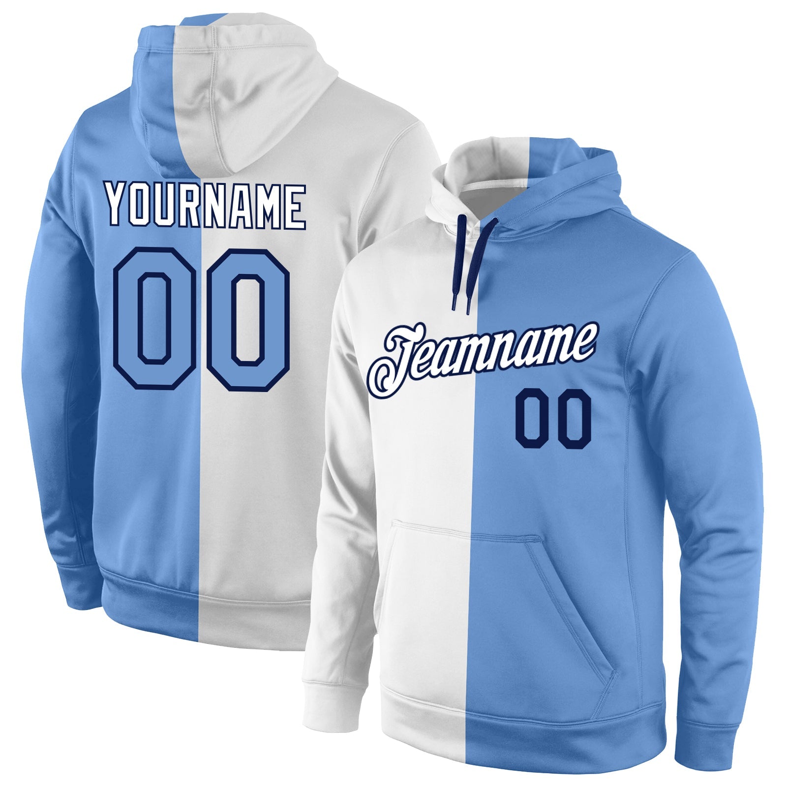Custom Stitched White Light Blue-Navy Split Fashion Sports Pullover Sweatshirt Hoodie - Main View