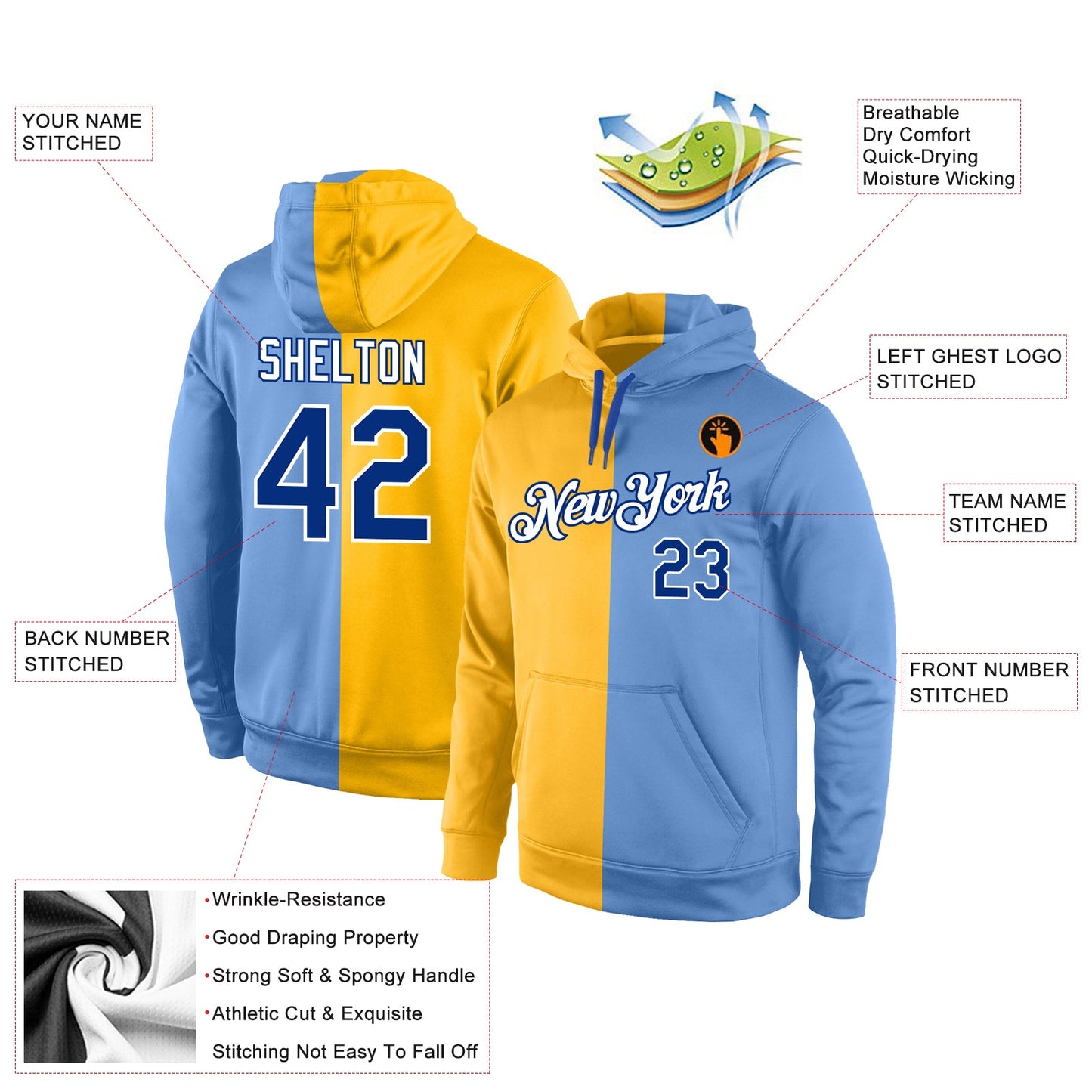 Custom Stitched Gold Royal-Light Blue Split Fashion Sports Pullover Sweatshirt Hoodie view 4