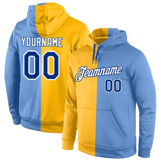 Custom Stitched Gold Royal-Light Blue Split Fashion Sports Pullover Sweatshirt Hoodie - Main View