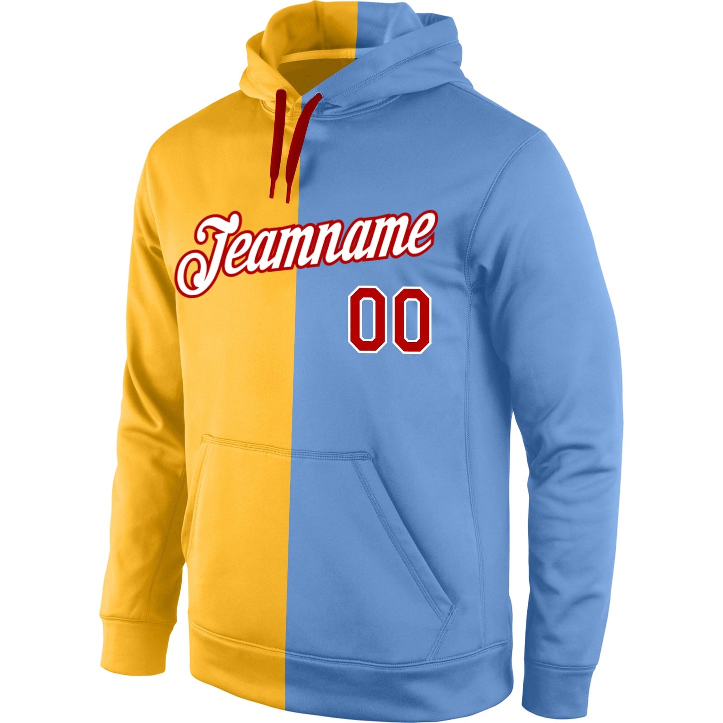 Custom Stitched Gold Red-Light Blue Split Fashion Sports Pullover Sweatshirt Hoodie view 2