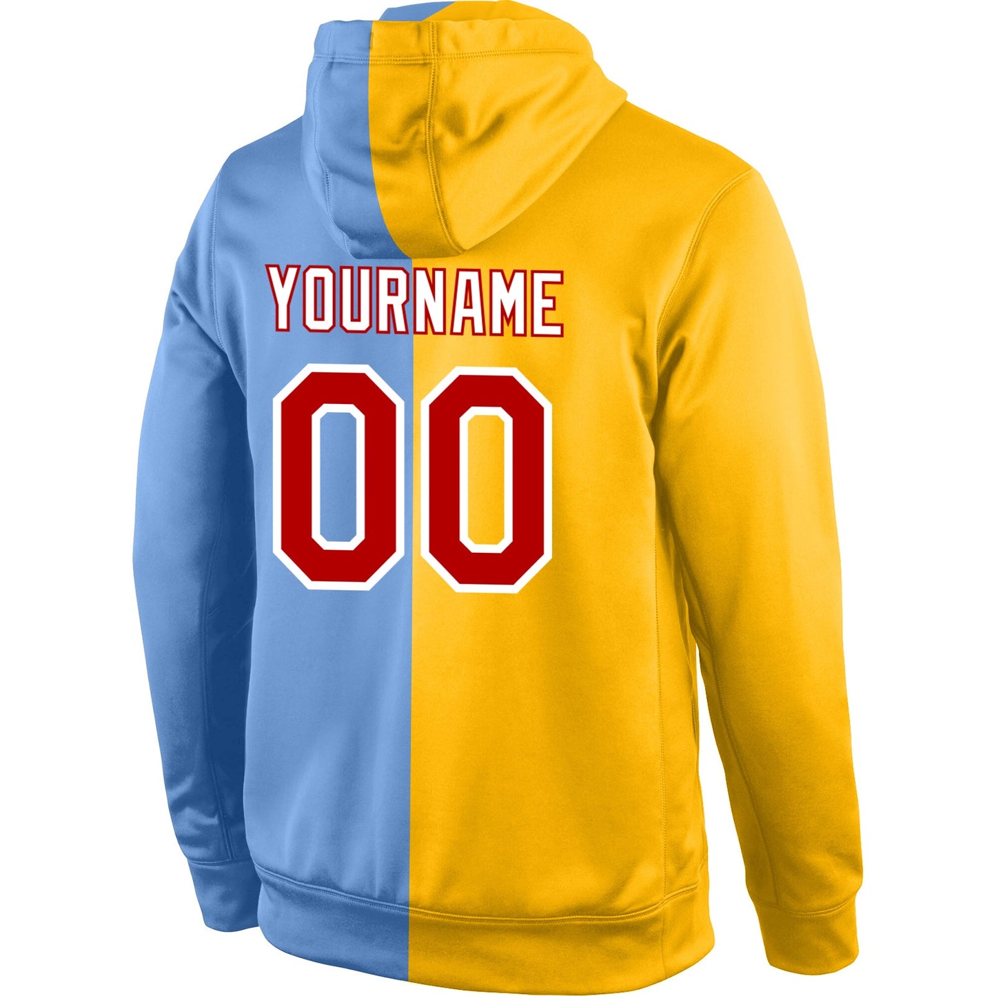 Custom Stitched Gold Red-Light Blue Split Fashion Sports Pullover Sweatshirt Hoodie view 3