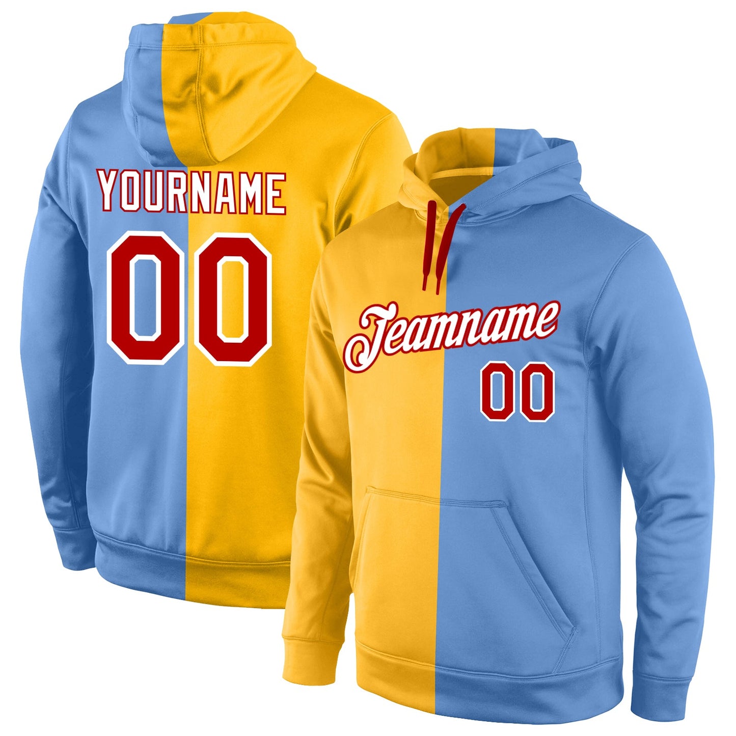 Custom Stitched Gold Red-Light Blue Split Fashion Sports Pullover Sweatshirt Hoodie - Main View