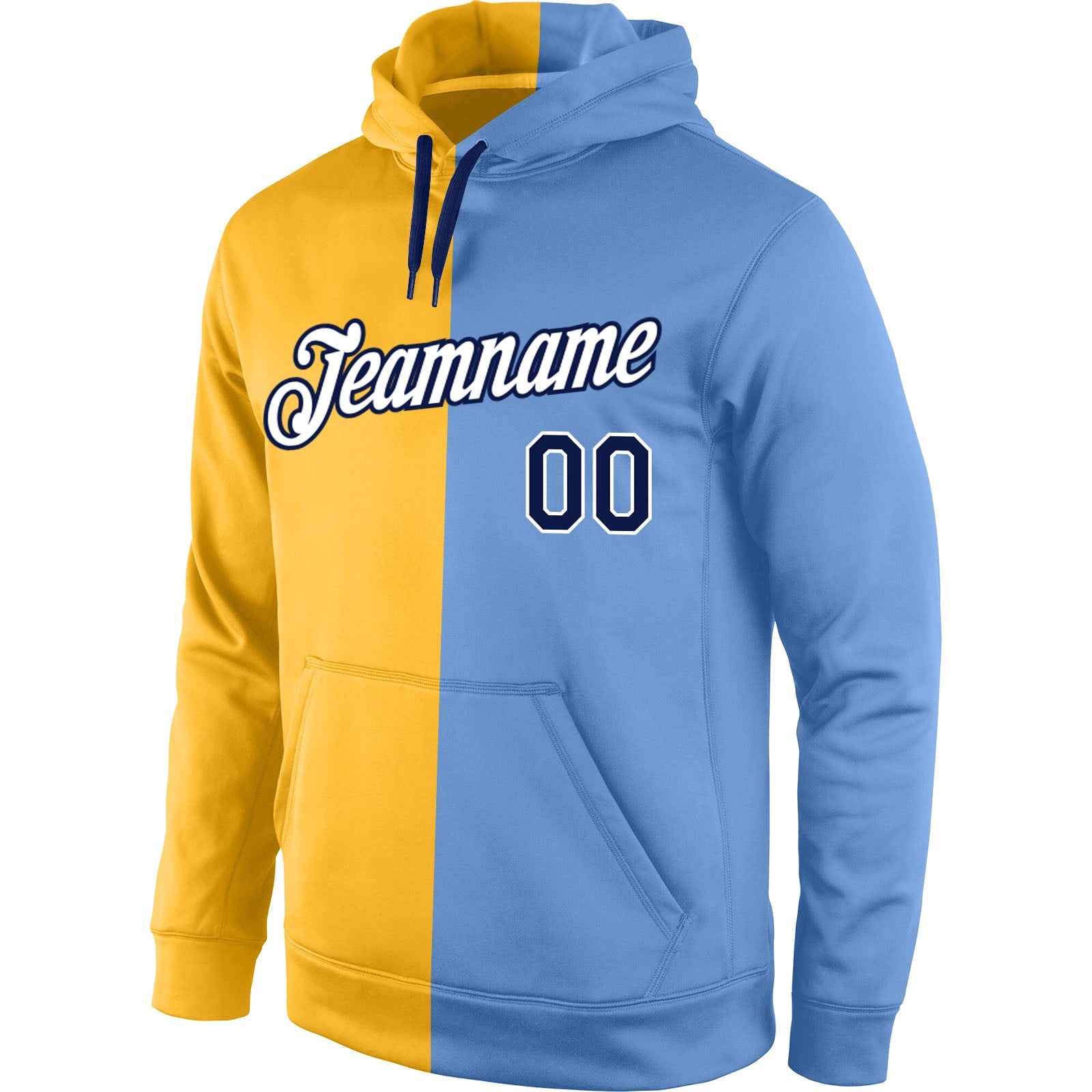 Custom Stitched Gold Navy-Light Blue Split Fashion Sports Pullover Sweatshirt Hoodie view 2