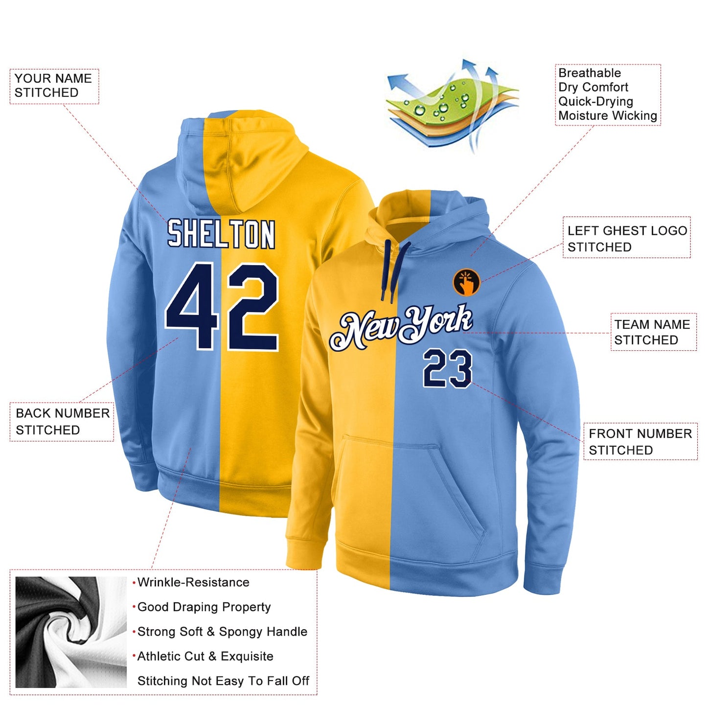 Custom Stitched Gold Navy-Light Blue Split Fashion Sports Pullover Sweatshirt Hoodie view 4