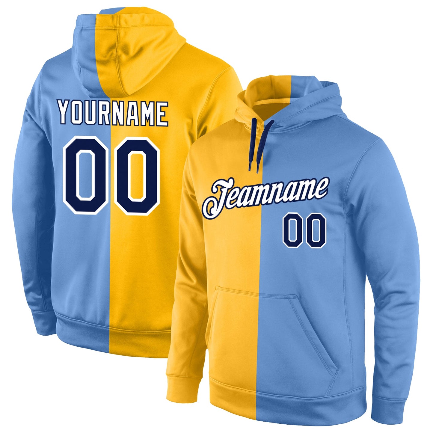 Custom Stitched Gold Navy-Light Blue Split Fashion Sports Pullover Sweatshirt Hoodie - Main View