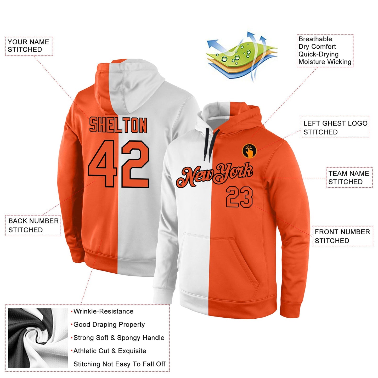 Custom Stitched White Orange-Black Split Fashion Sports Pullover Sweatshirt Hoodie view 4