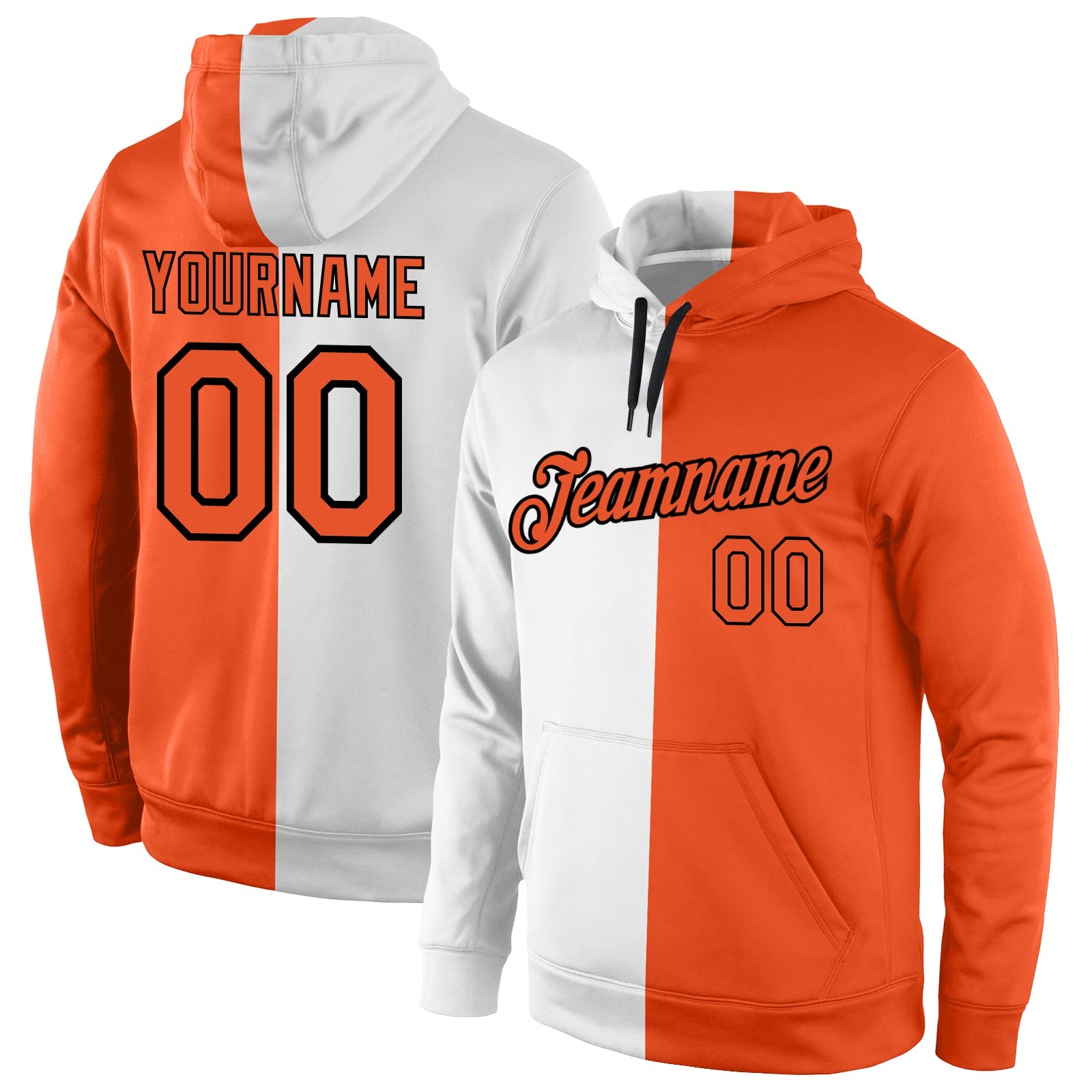 Custom Stitched White Orange-Black Split Fashion Sports Pullover Sweatshirt Hoodie - Main View