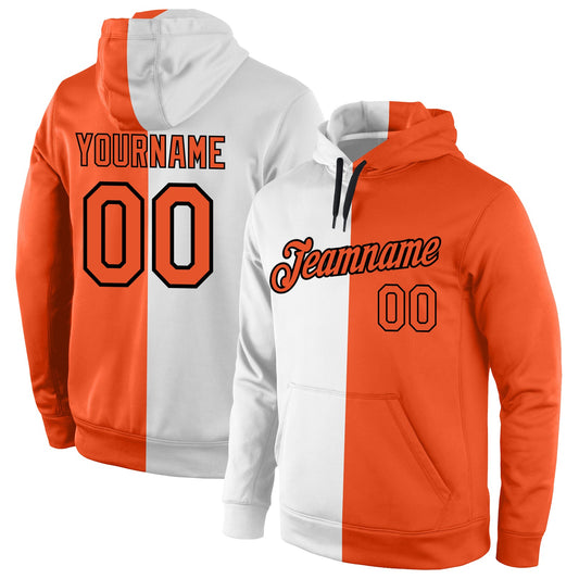 Custom Stitched White Orange-Black Split Fashion Sports Pullover Sweatshirt Hoodie - Main View
