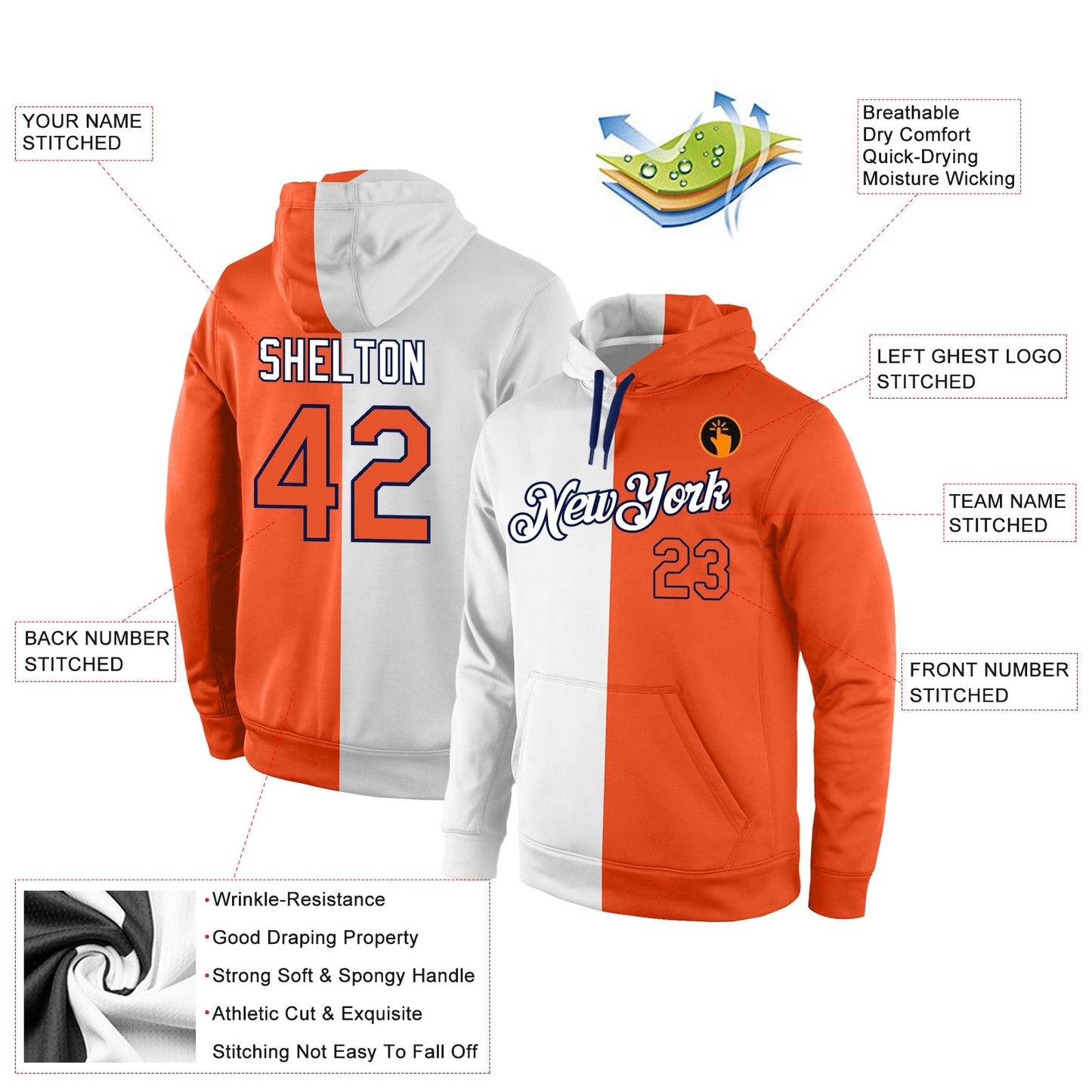 Custom Stitched White Orange-Navy Split Fashion Sports Pullover Sweatshirt Hoodie view 4