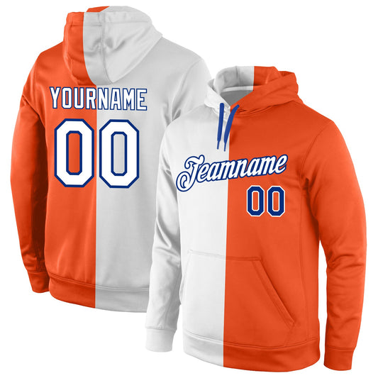 Custom Stitched Orange White-Royal Split Fashion Sports Pullover Sweatshirt Hoodie - Main View