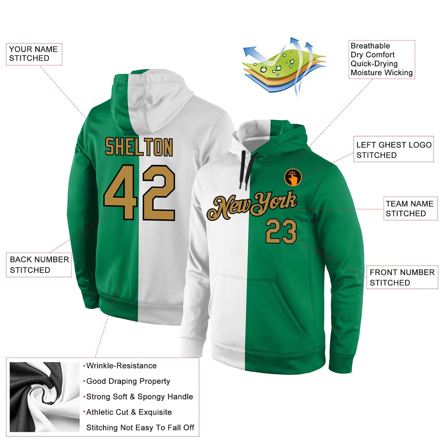 Custom Stitched White Old Gold-Kelly Green Split Fashion Sports Pullover Sweatshirt Hoodie view 4