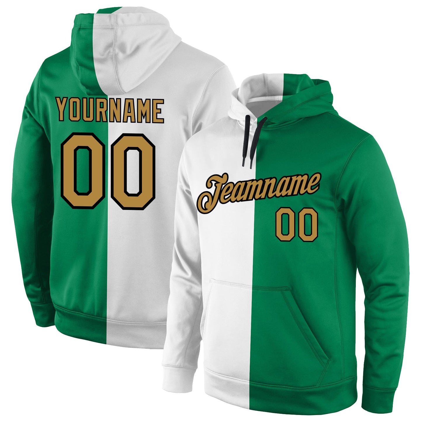 Custom Stitched White Old Gold-Kelly Green Split Fashion Sports Pullover Sweatshirt Hoodie - Main View