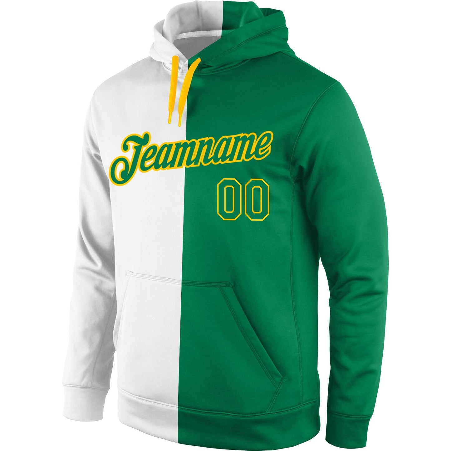 Custom Stitched White Kelly Green-Gold Split Fashion Sports Pullover Sweatshirt Hoodie view 2