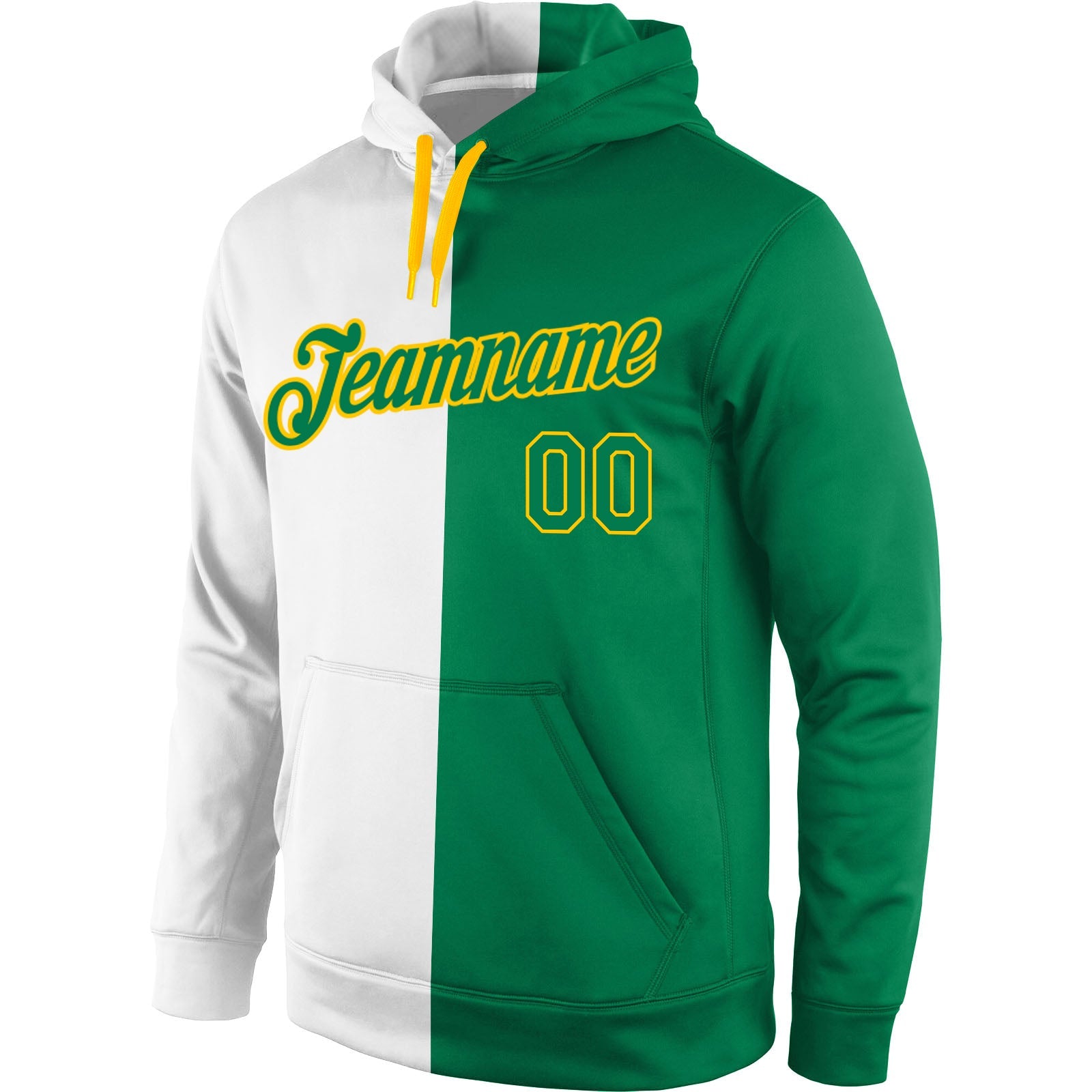 Custom Stitched White Kelly Green-Gold Split Fashion Sports Pullover Sweatshirt Hoodie view 2