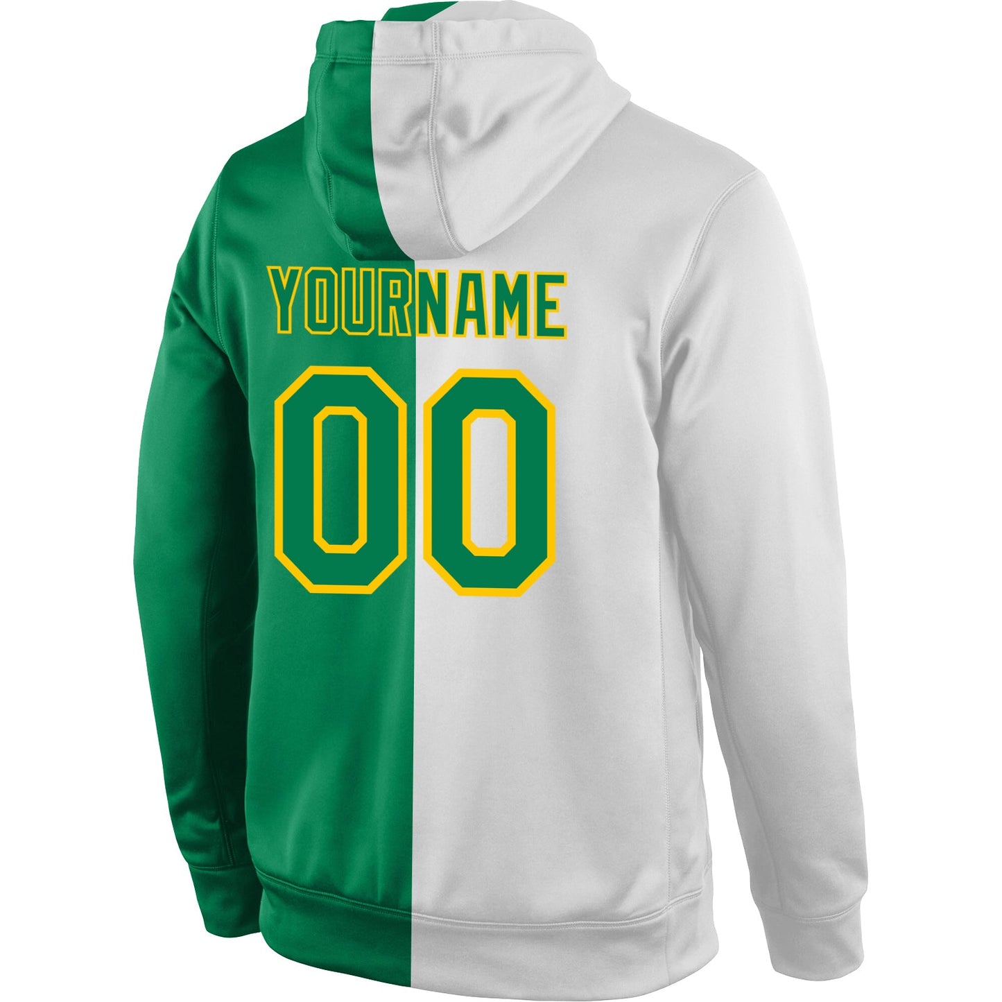 Custom Stitched White Kelly Green-Gold Split Fashion Sports Pullover Sweatshirt Hoodie view 3