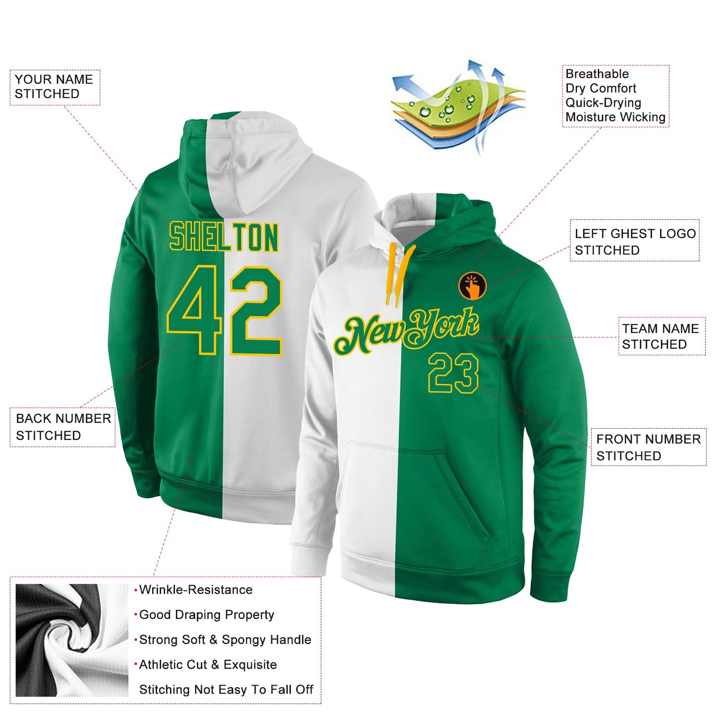 Custom Stitched White Kelly Green-Gold Split Fashion Sports Pullover Sweatshirt Hoodie view 4