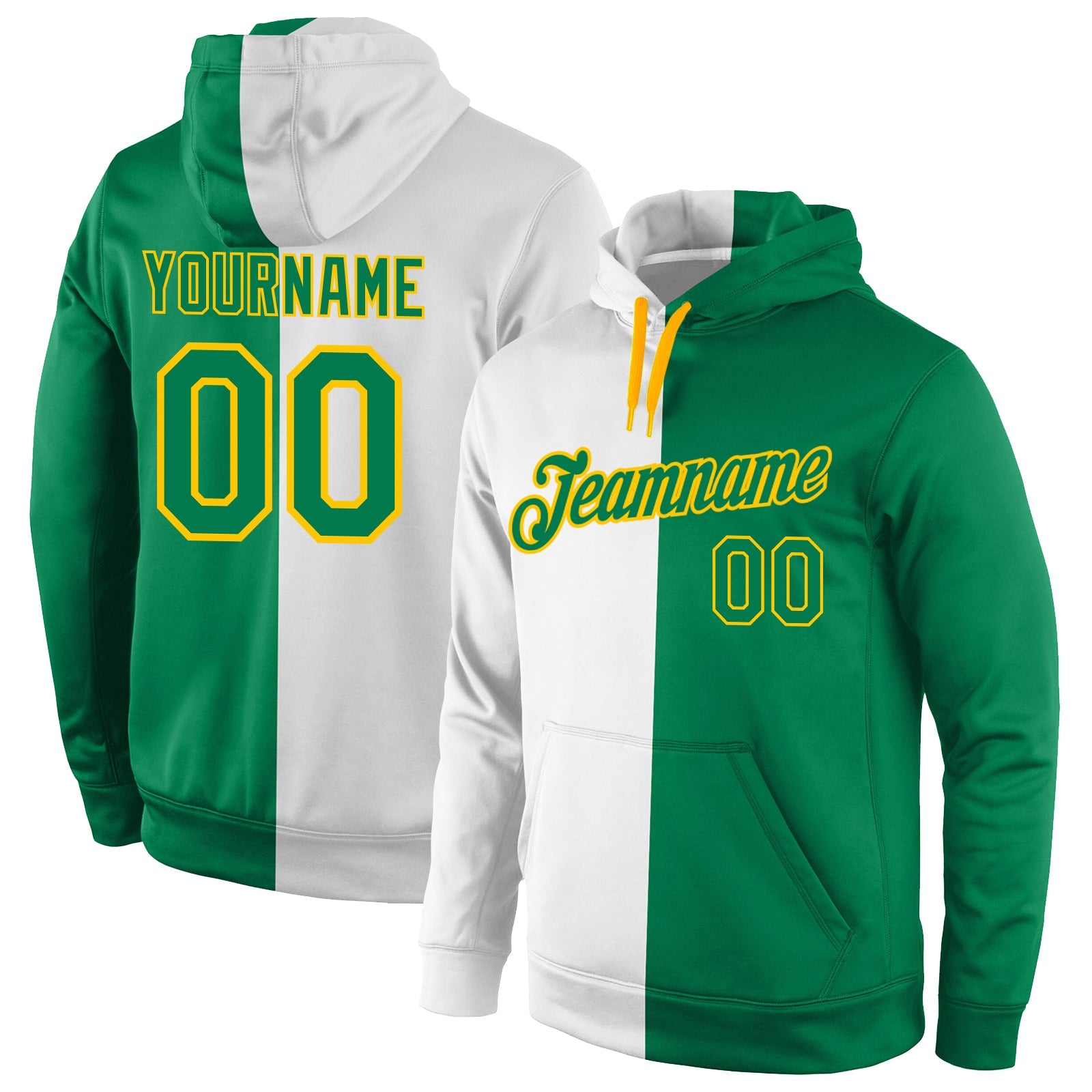 Custom Stitched White Kelly Green-Gold Split Fashion Sports Pullover Sweatshirt Hoodie - Main View