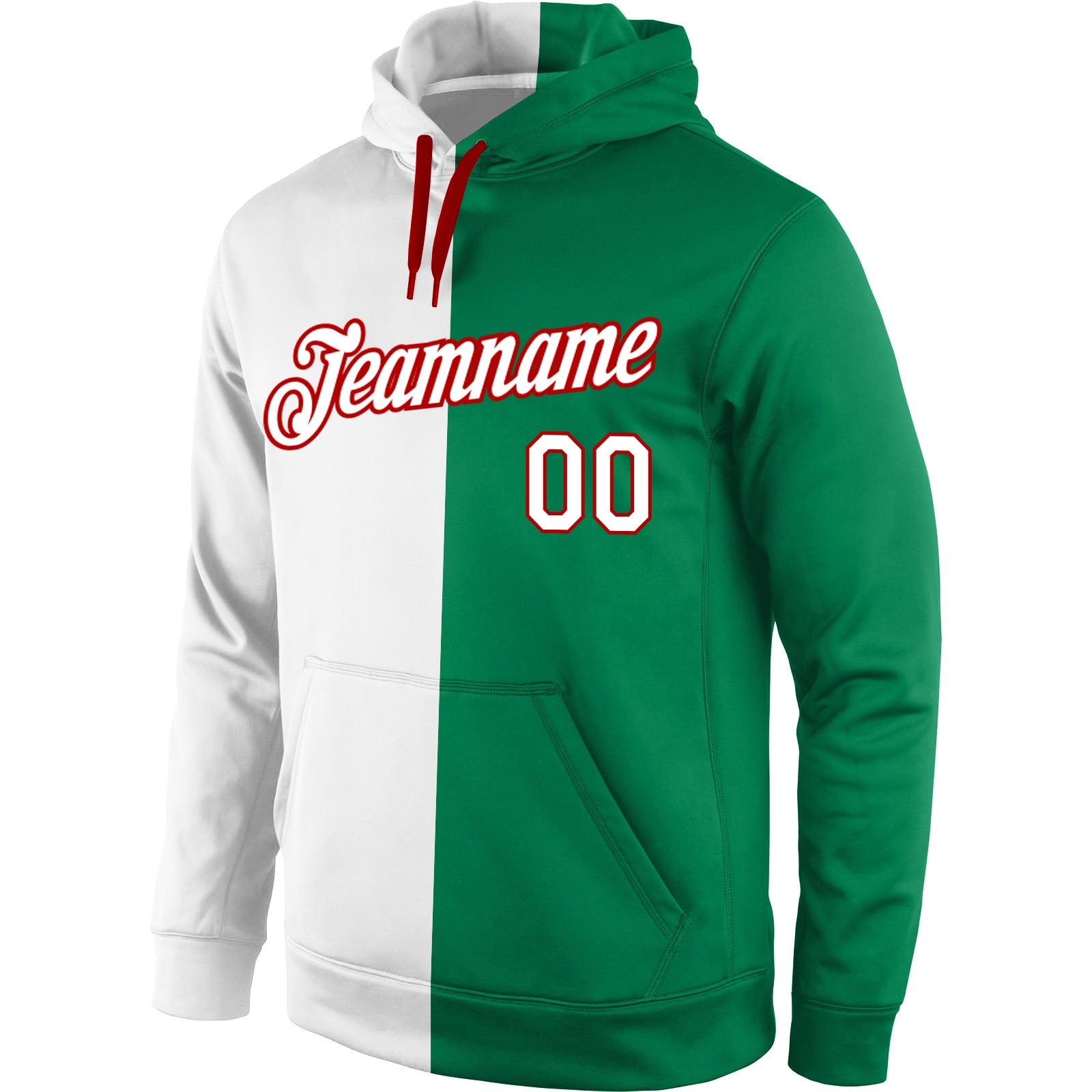 Custom Stitched Kelly Green White-Red Split Fashion Sports Pullover Sweatshirt Hoodie view 2