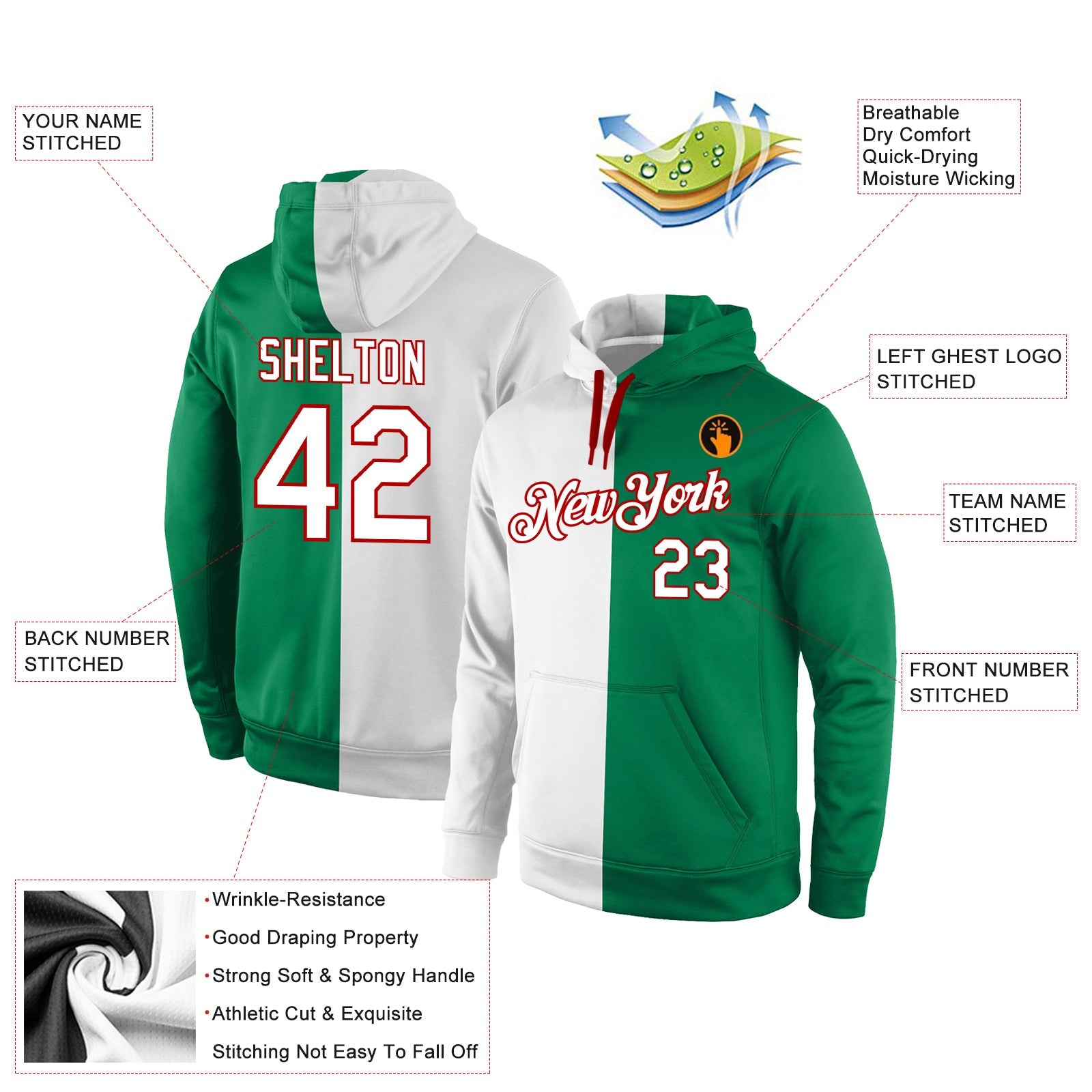 Custom Stitched Kelly Green White-Red Split Fashion Sports Pullover Sweatshirt Hoodie view 4
