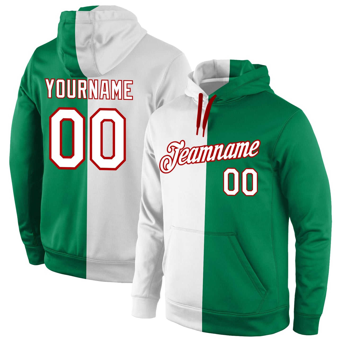 Custom Stitched Kelly Green White-Red Split Fashion Sports Pullover Sweatshirt Hoodie - Main View