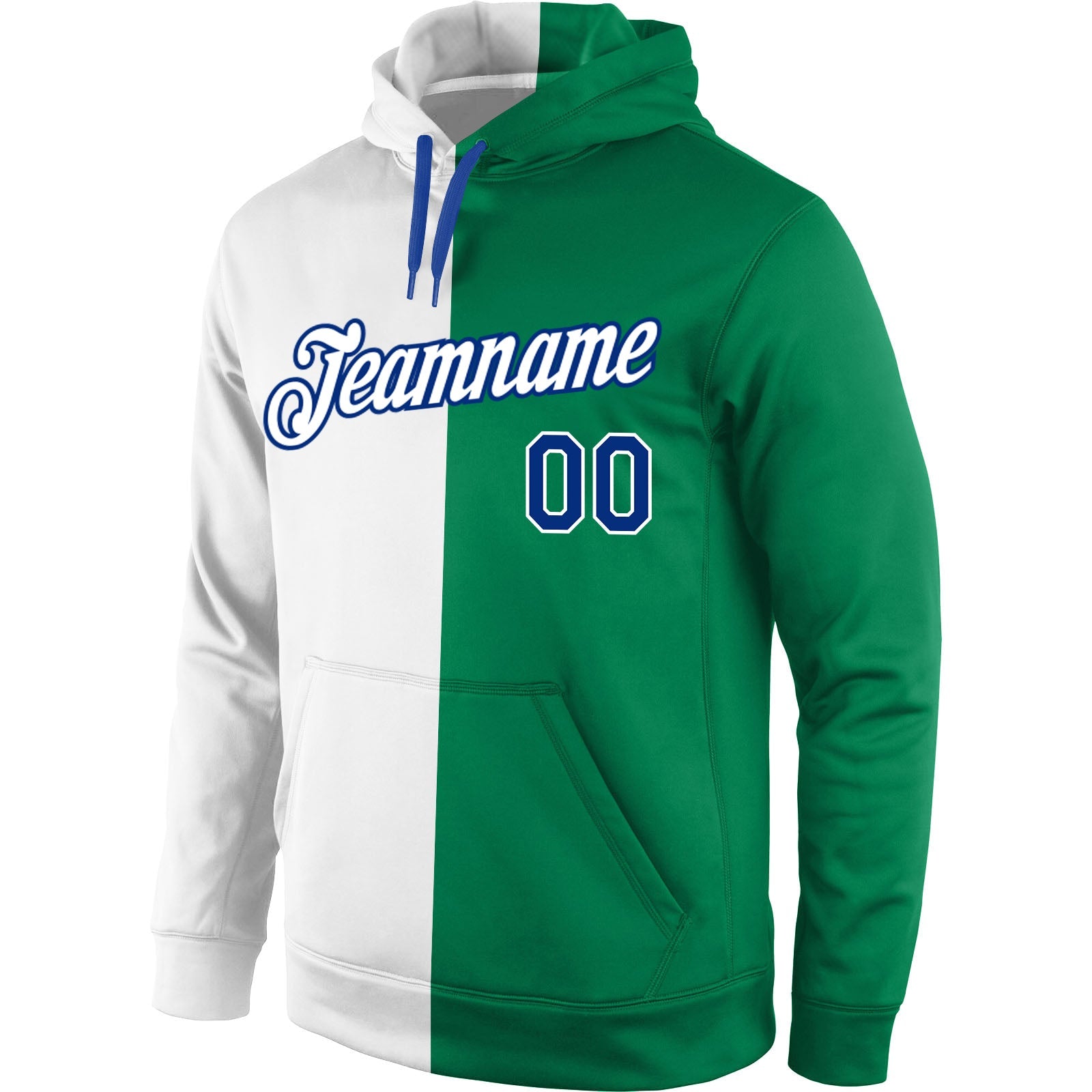 Custom Stitched Kelly Green White-Royal Split Fashion Sports Pullover Sweatshirt Hoodie view 2