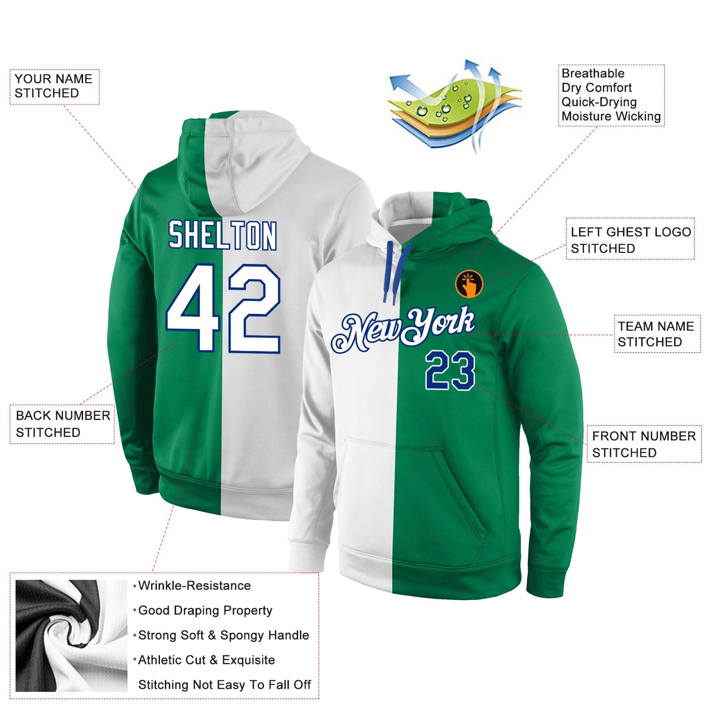 Custom Stitched Kelly Green White-Royal Split Fashion Sports Pullover Sweatshirt Hoodie view 4