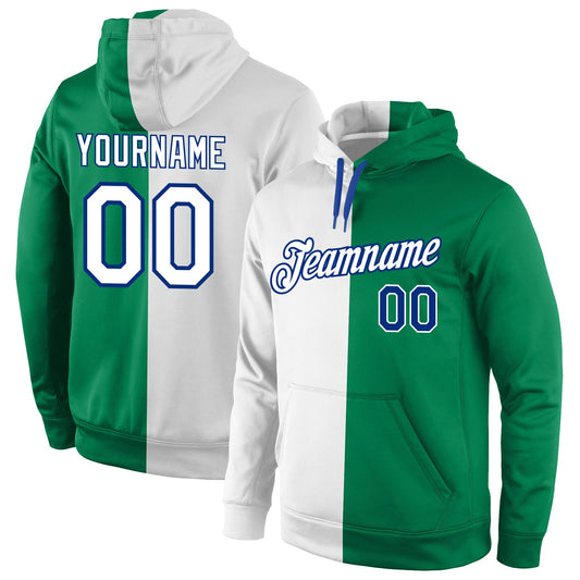 Custom Stitched Kelly Green White-Royal Split Fashion Sports Pullover Sweatshirt Hoodie - Main View