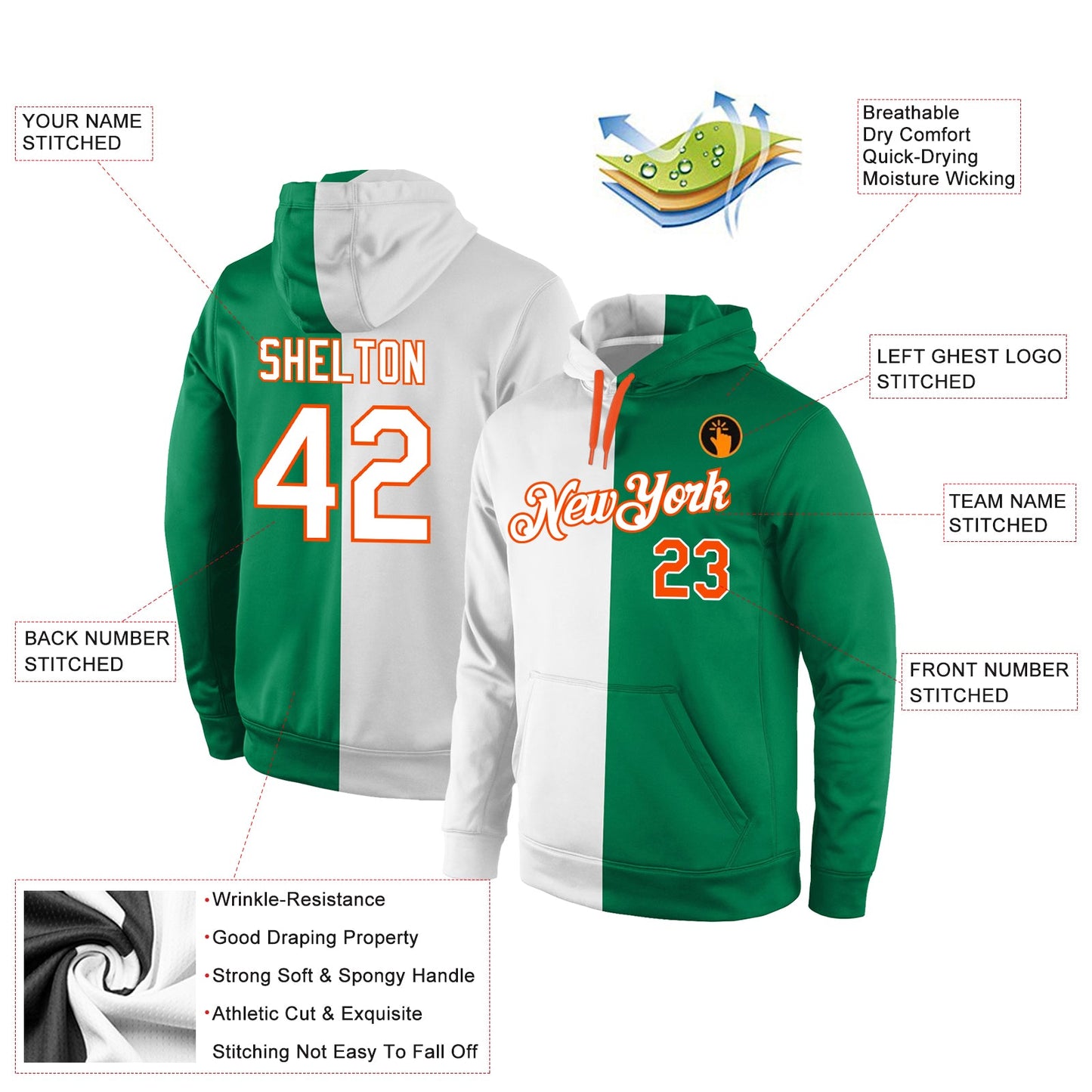 Custom Stitched Kelly Green White-Orange Split Fashion Sports Pullover Sweatshirt Hoodie view 4