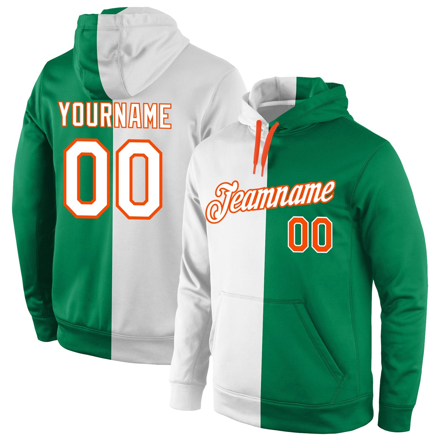 Custom Stitched Kelly Green White-Orange Split Fashion Sports Pullover Sweatshirt Hoodie - Main View