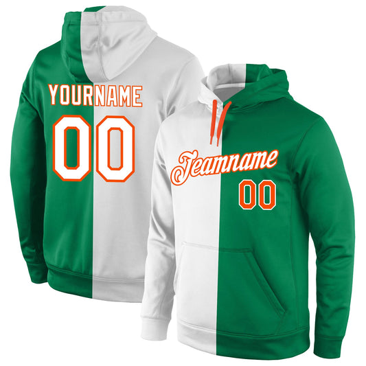 Custom Stitched Kelly Green White-Orange Split Fashion Sports Pullover Sweatshirt Hoodie - Main View