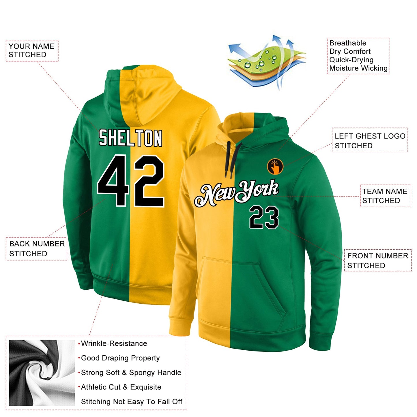 Custom Stitched Gold Black-Kelly Green Split Fashion Sports Pullover Sweatshirt Hoodie view 4