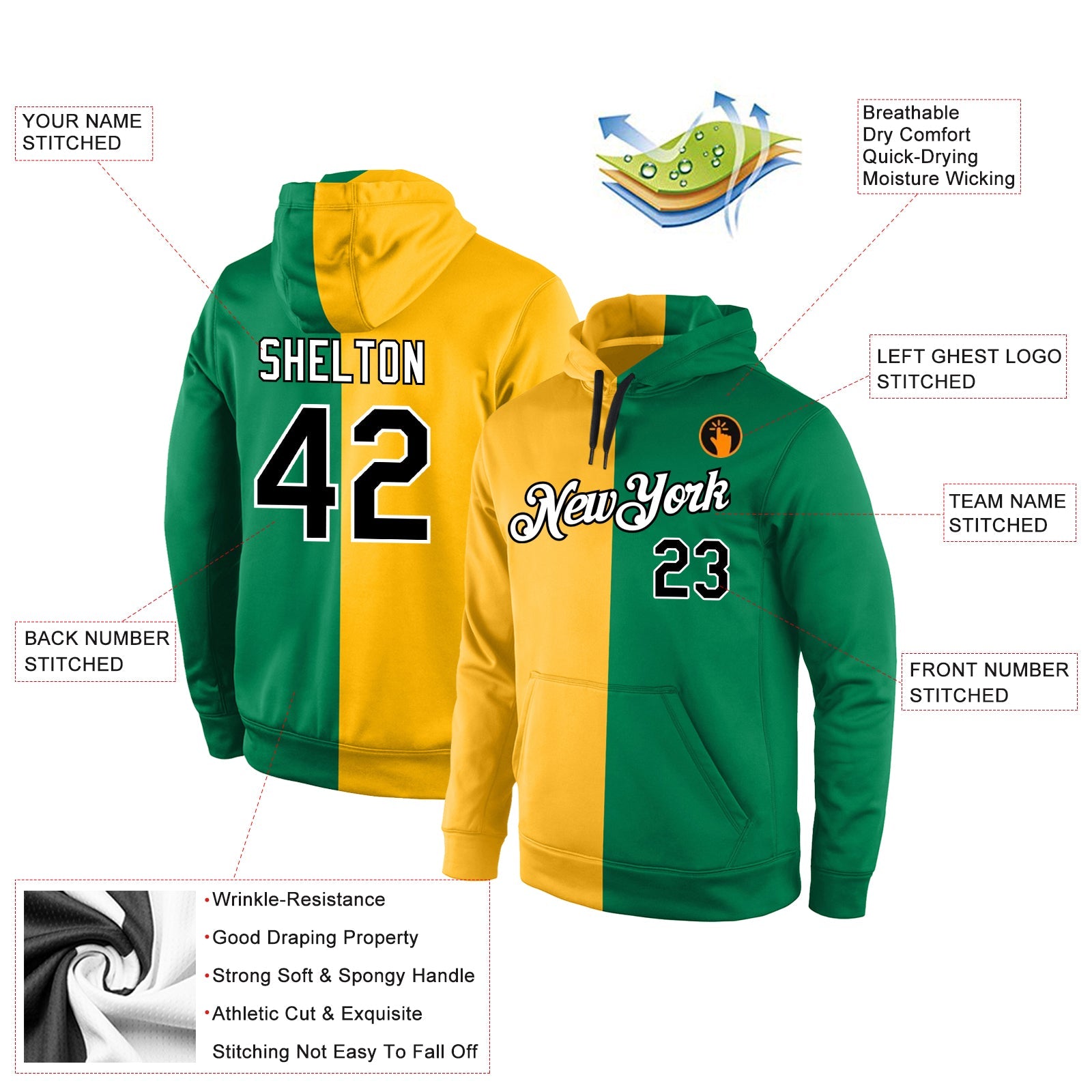 Custom Stitched Gold Black-Kelly Green Split Fashion Sports Pullover Sweatshirt Hoodie view 4