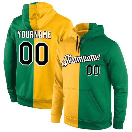 Custom Stitched Gold Black-Kelly Green Split Fashion Sports Pullover Sweatshirt Hoodie - Main View