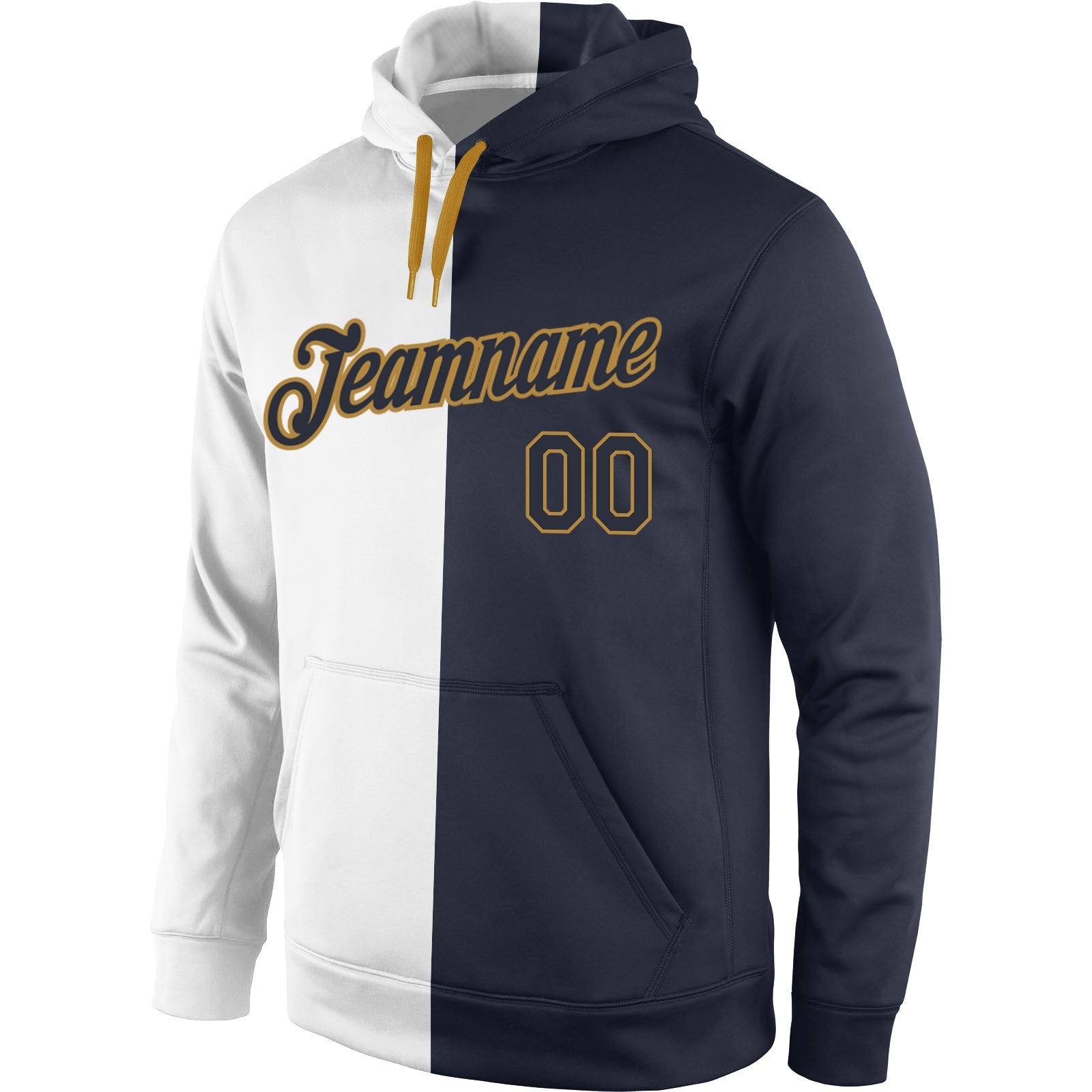 Custom Stitched White Navy-Old Gold Split Fashion Sports Pullover Sweatshirt Hoodie view 2