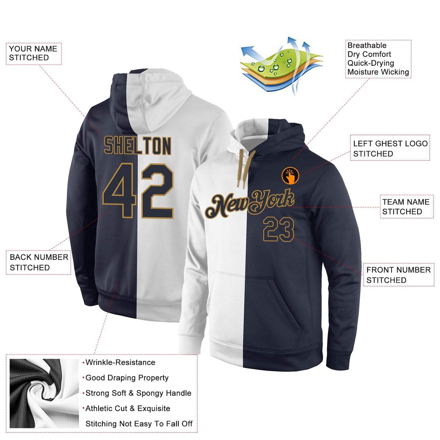 Custom Stitched White Navy-Old Gold Split Fashion Sports Pullover Sweatshirt Hoodie view 4