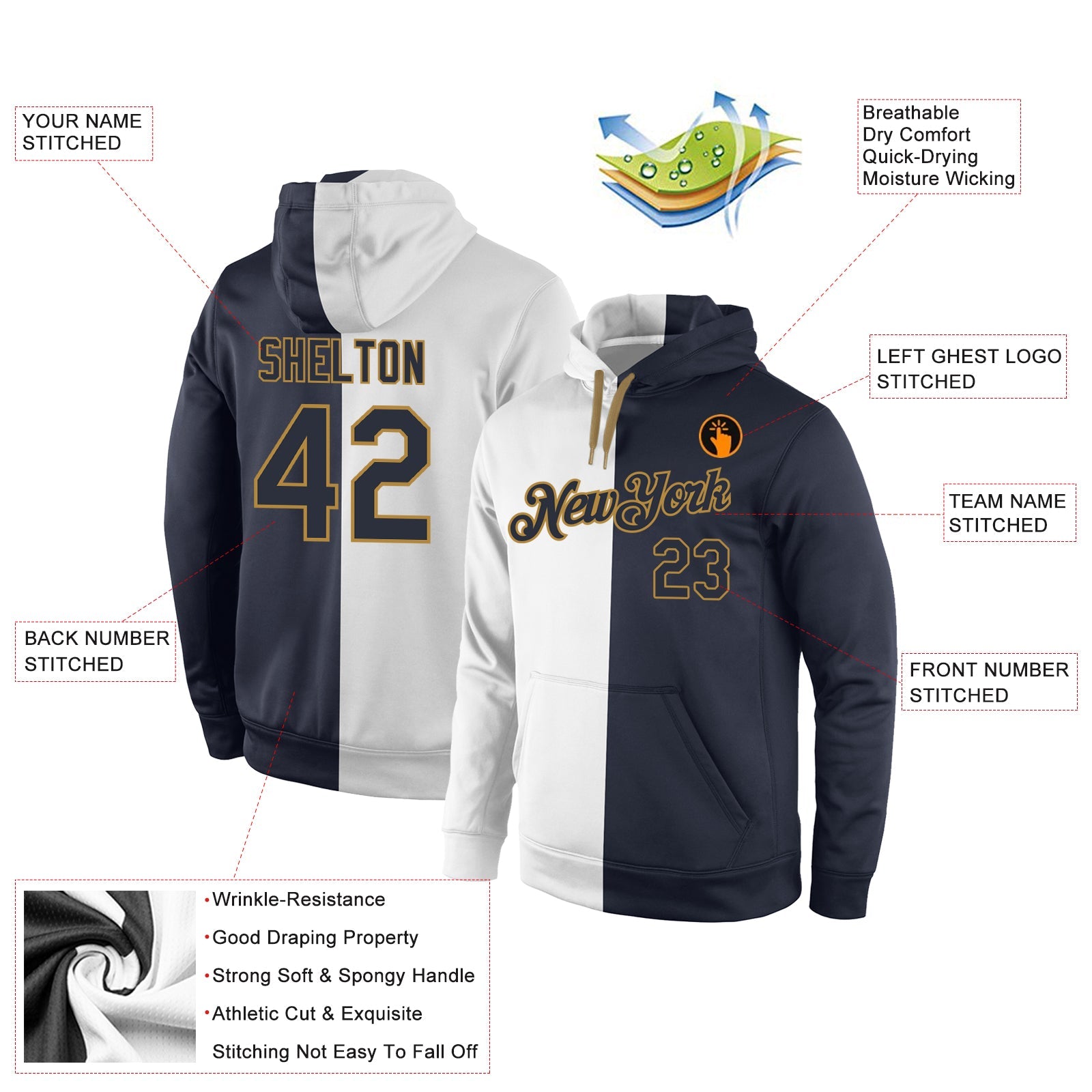 Custom Stitched White Navy-Old Gold Split Fashion Sports Pullover Sweatshirt Hoodie view 4