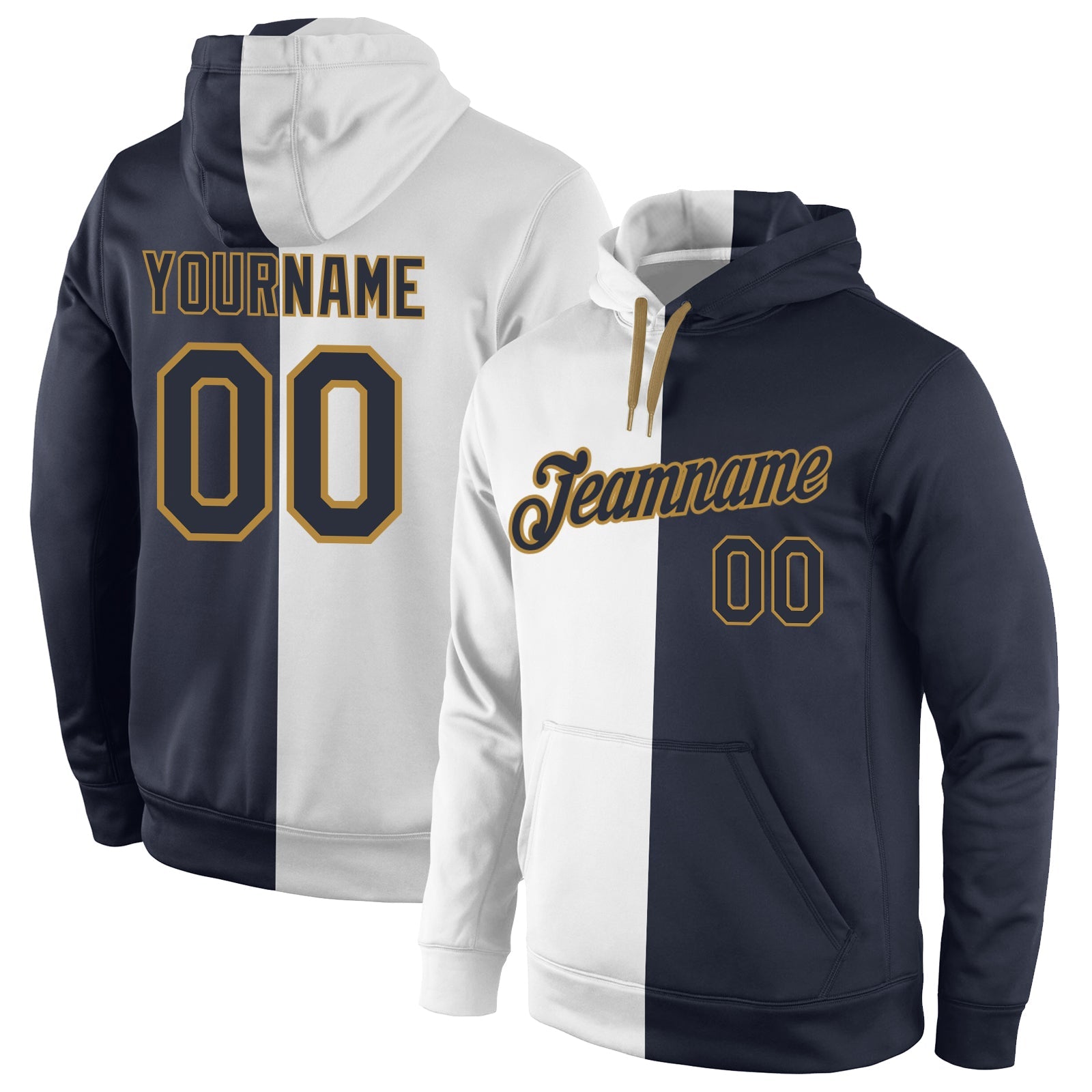 Custom Stitched White Navy-Old Gold Split Fashion Sports Pullover Sweatshirt Hoodie - Main View