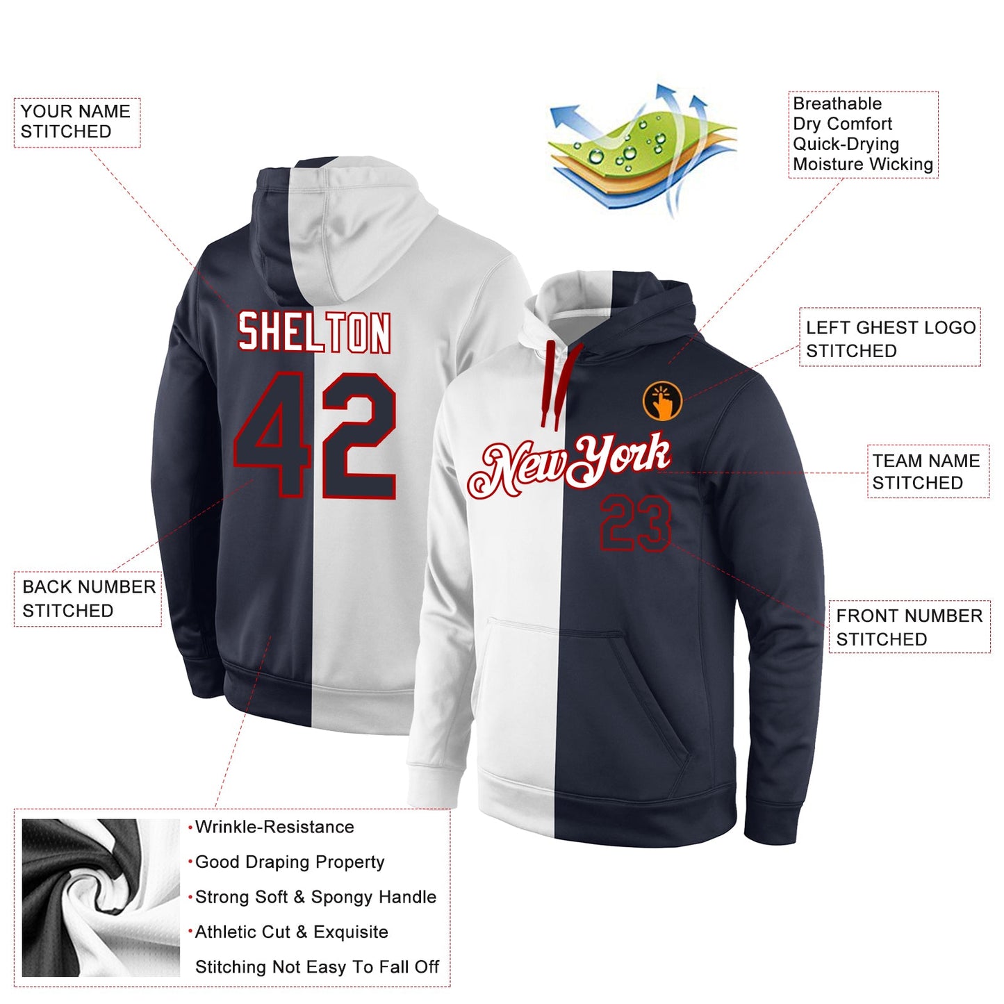 Custom Stitched White Navy-Red Split Fashion Sports Pullover Sweatshirt Hoodie view 4