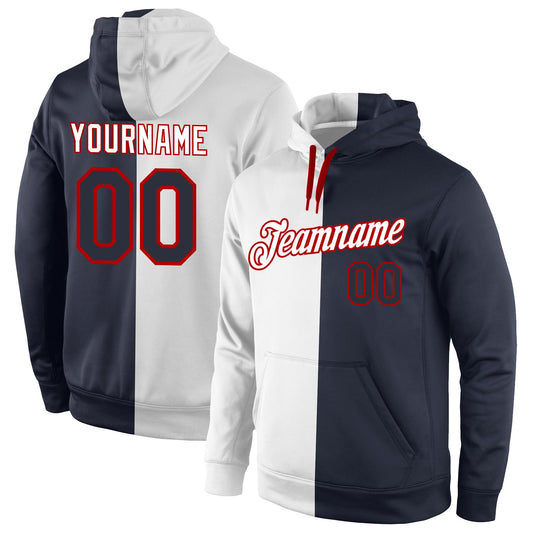 Custom Stitched White Navy-Red Split Fashion Sports Pullover Sweatshirt Hoodie - Main View