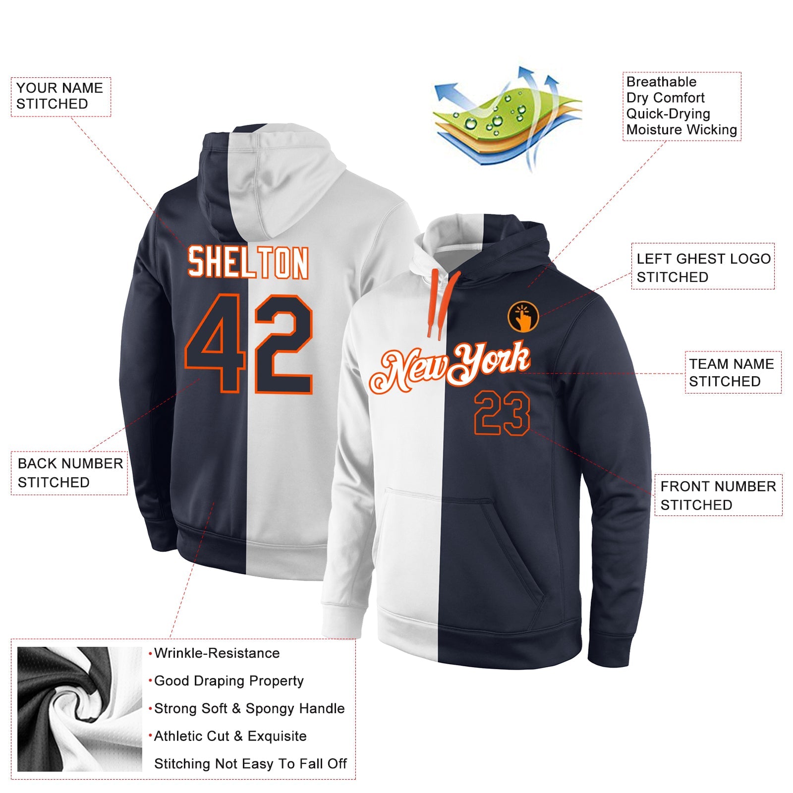 Custom Stitched White Navy-Orange Split Fashion Sports Pullover Sweatshirt Hoodie view 4
