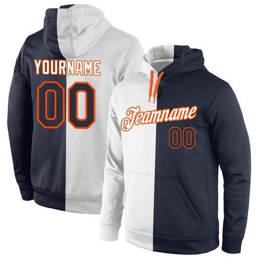 Custom Stitched White Navy-Orange Split Fashion Sports Pullover Sweatshirt Hoodie - Main View