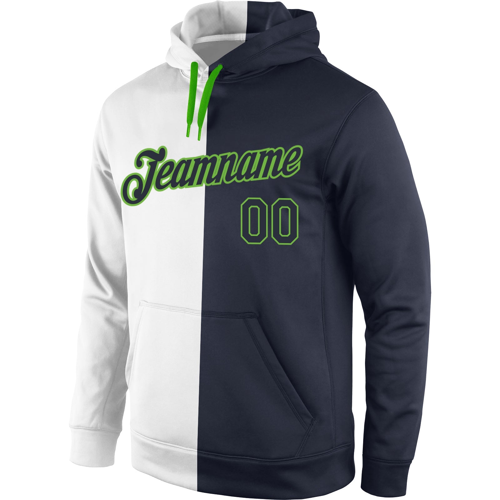 Custom Stitched White Navy-Neon Green Split Fashion Sports Pullover Sweatshirt Hoodie view 2